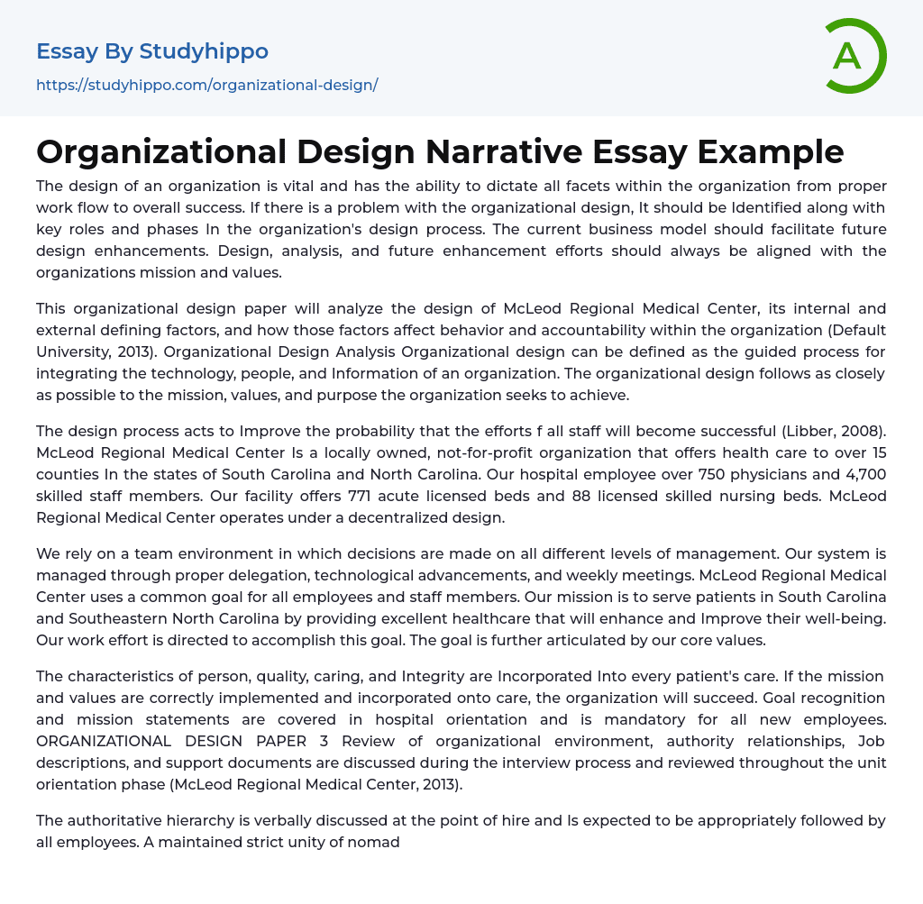 Organizational Design Narrative Essay Example