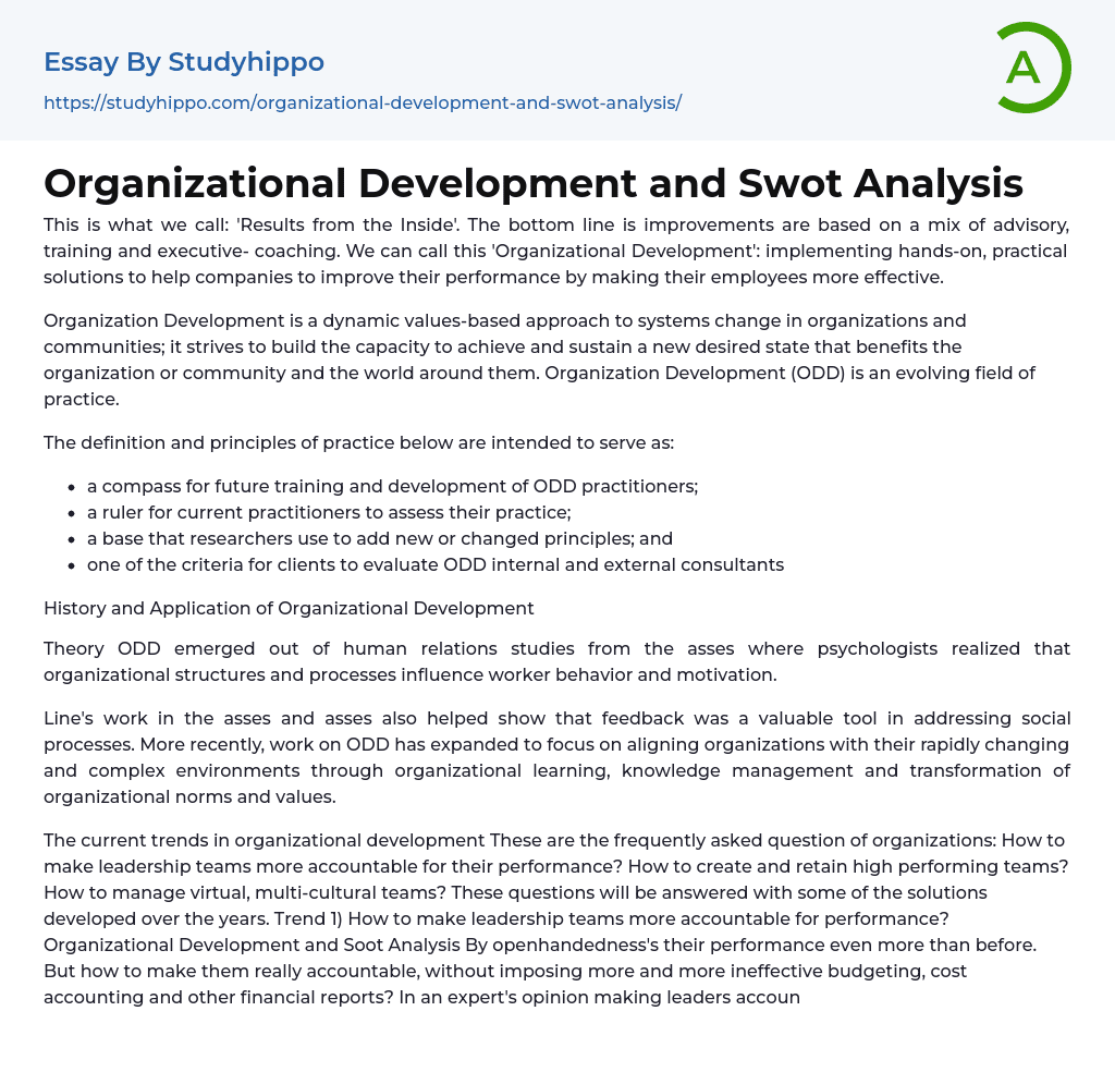 Organizational Development and Swot Analysis Essay Example