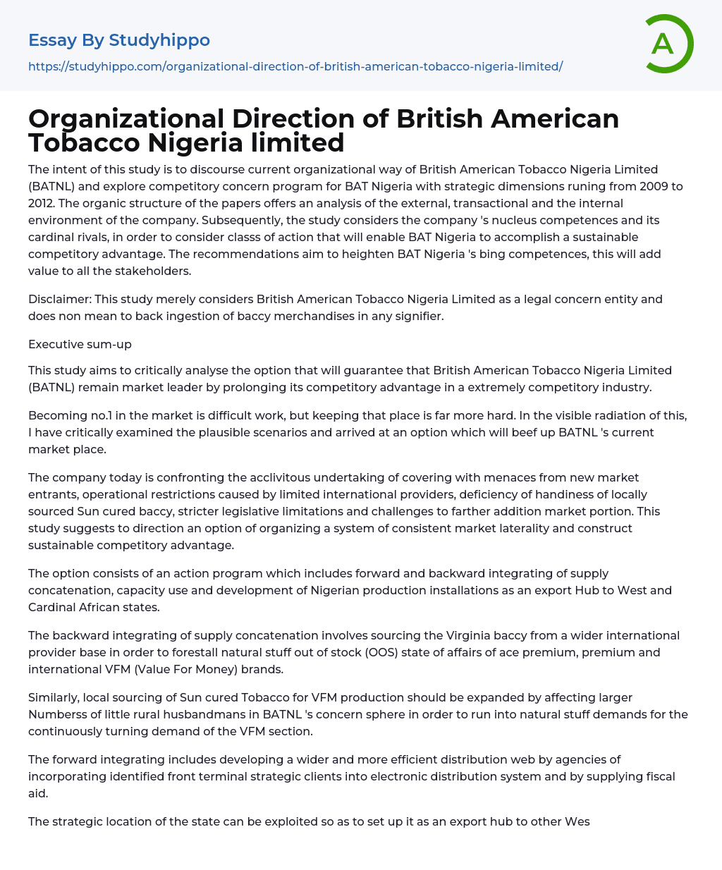 Organizational Direction of British American Tobacco Nigeria limited Essay Example