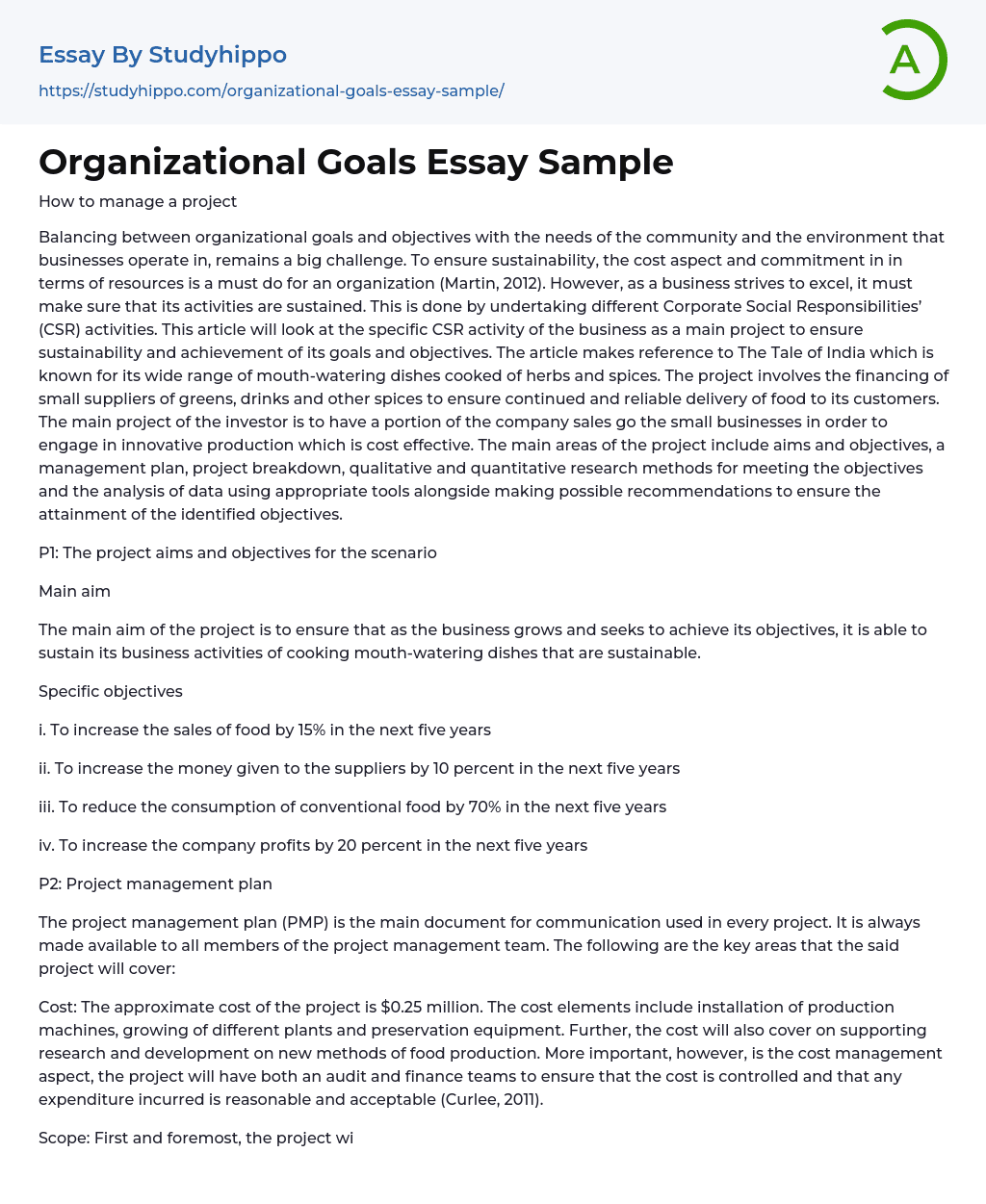 Organizational Goals Essay Sample
