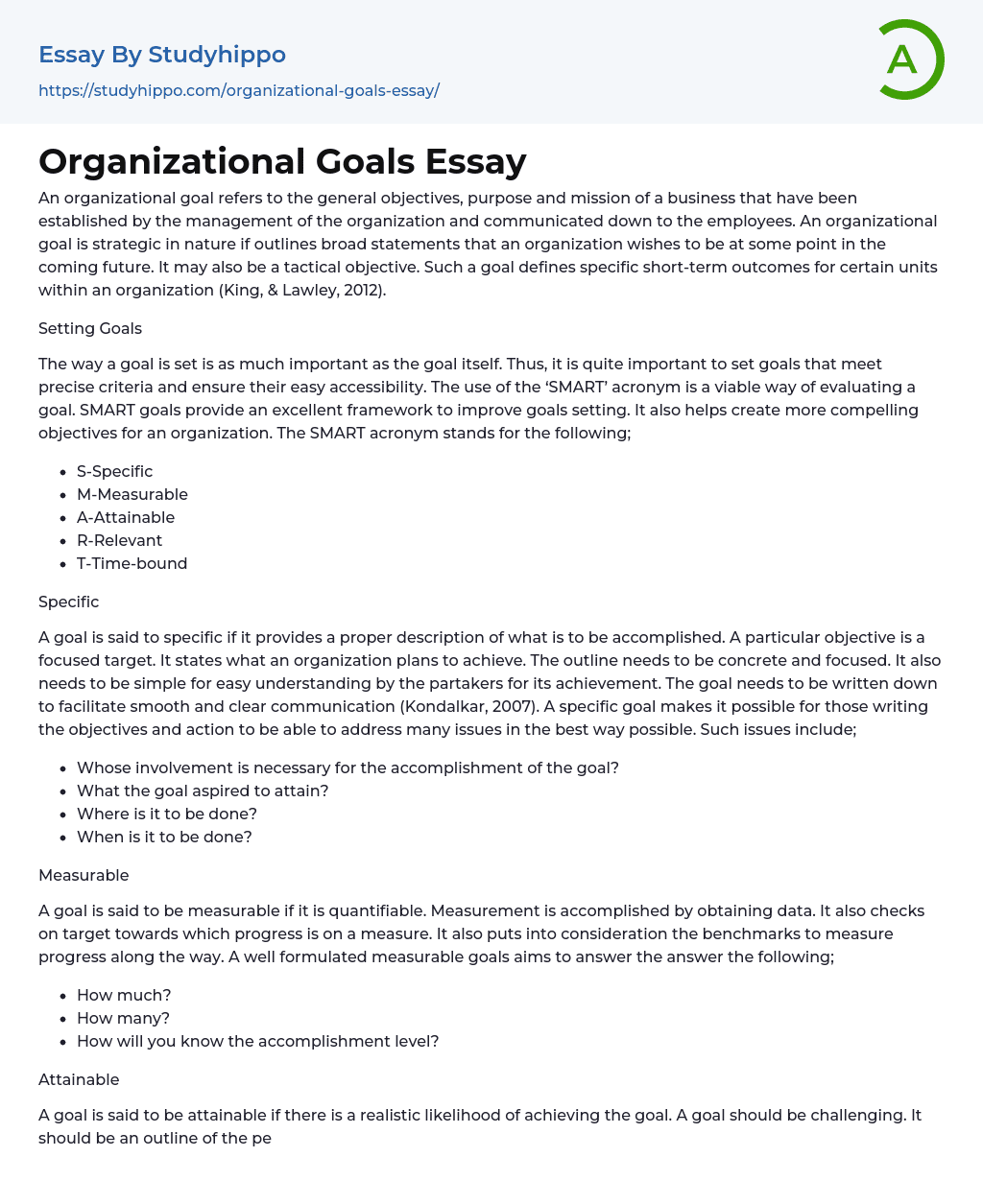 Organizational Goals Essay