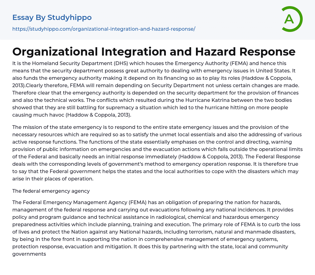 Organizational Integration and Hazard Response Essay Example