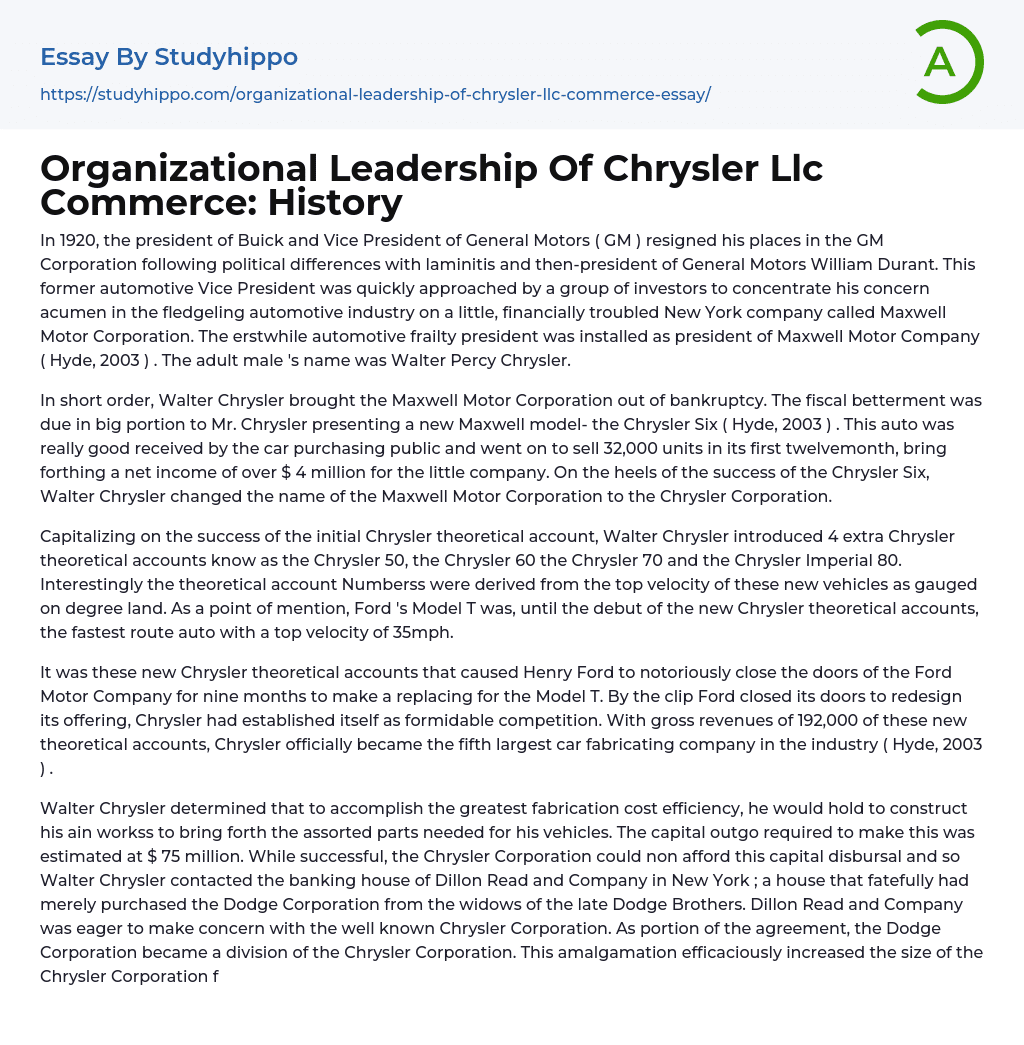 Organizational Leadership Of Chrysler Llc Commerce: History Essay Example