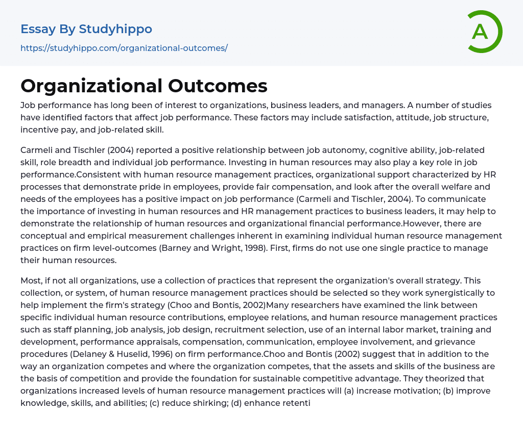 Organizational Outcomes Essay Example