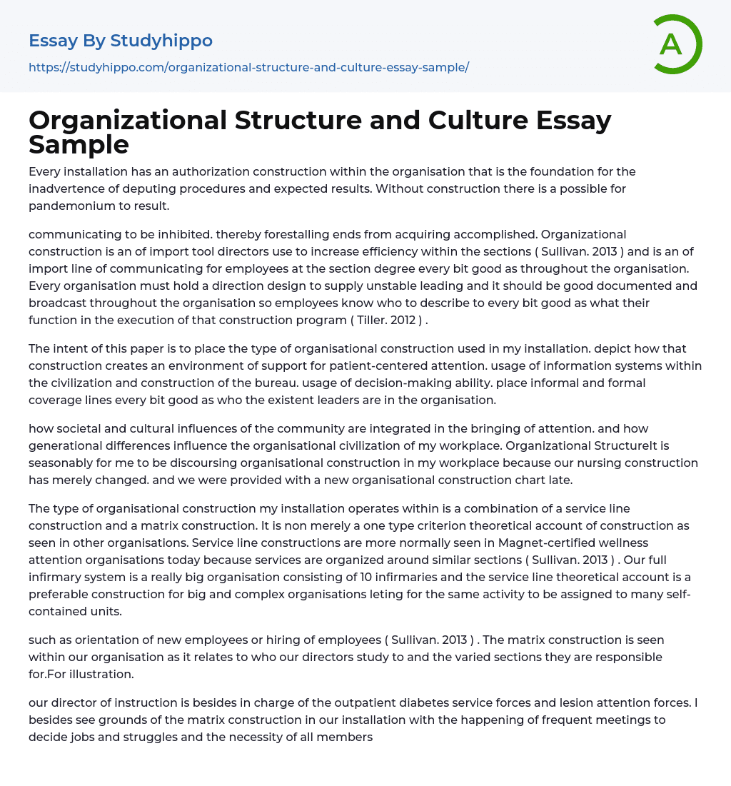 Organizational Structure and Culture Essay Sample