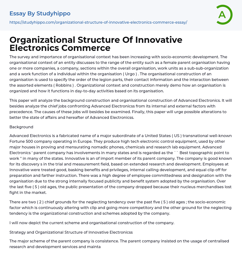 Organizational Structure Of Innovative Electronics Commerce Essay Example