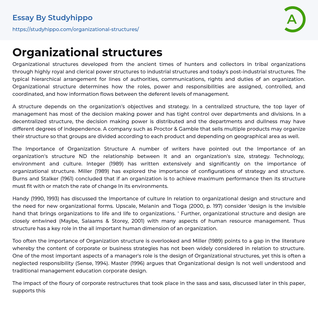 Organizational structures Essay Example