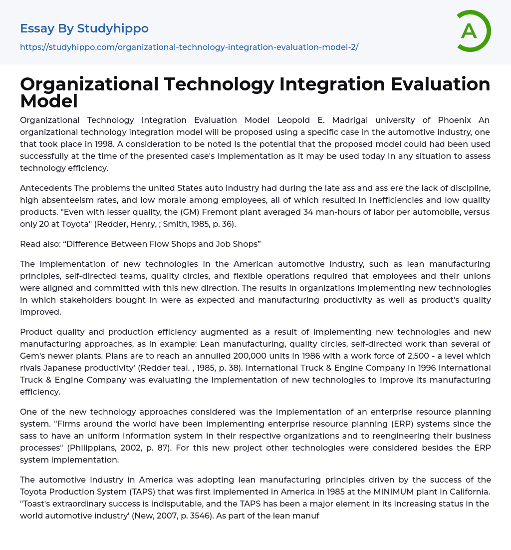 Organizational Technology Integration Evaluation Model Essay Example