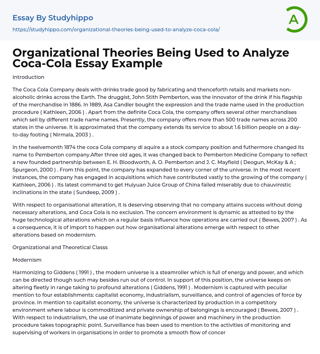 Organizational Theories Being Used to Analyze Coca-Cola Essay Example