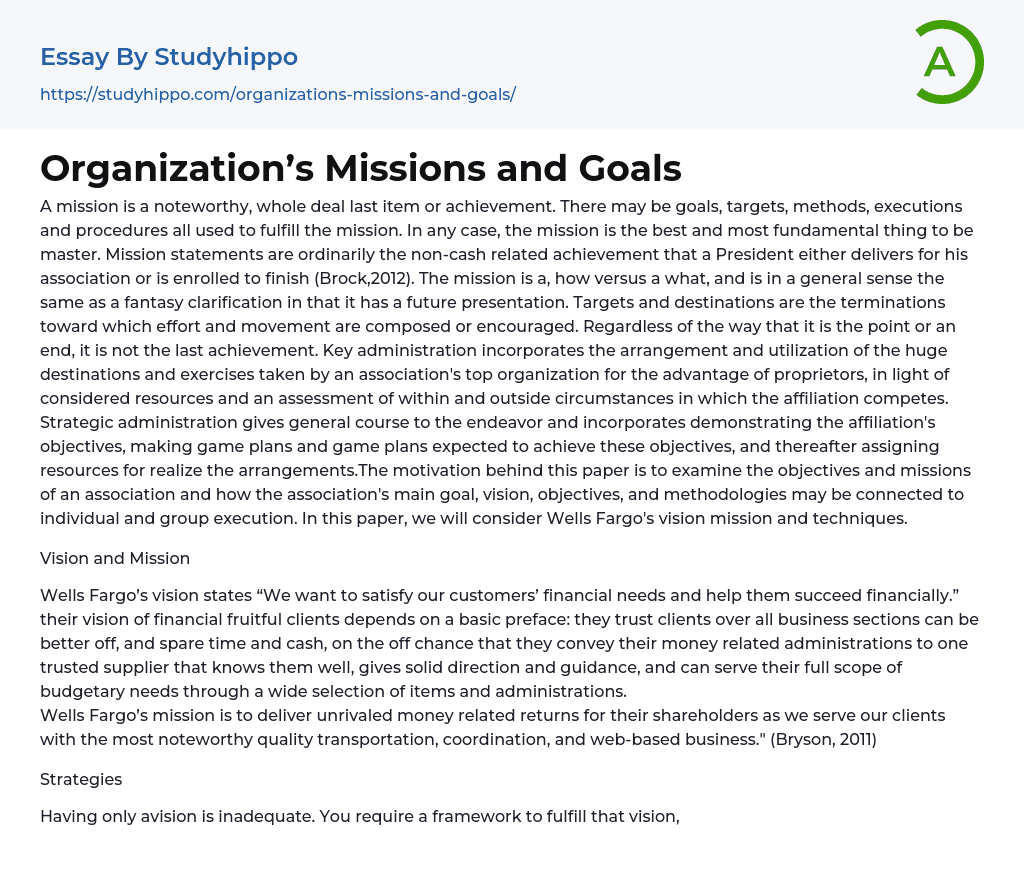 Organization’s Missions and Goals Essay Example
