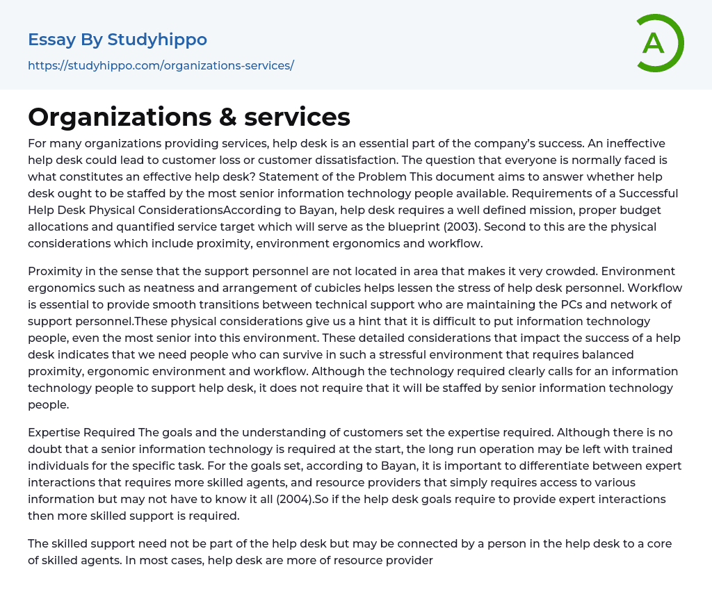 Organizations & services Essay Example