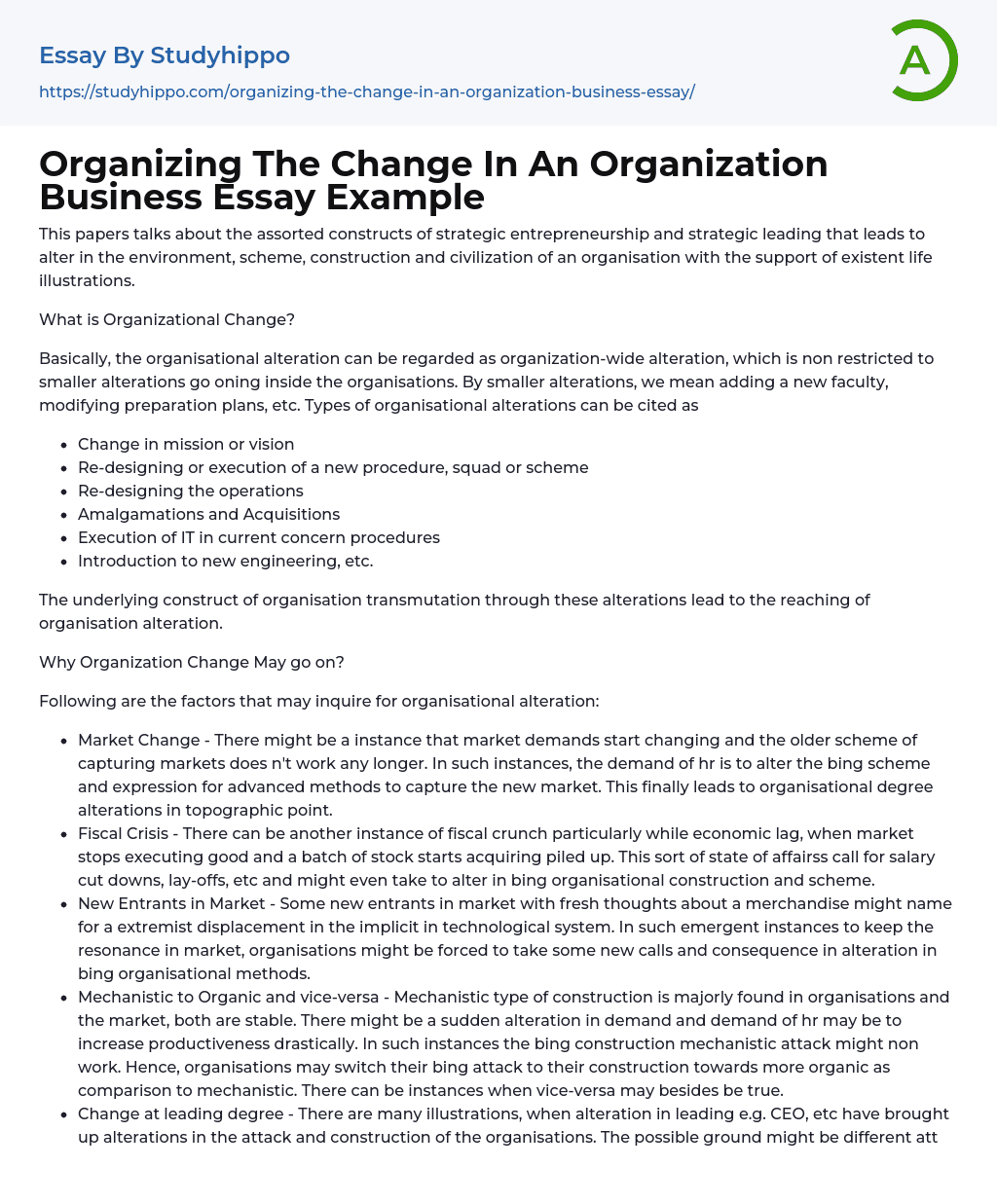 Organizing The Change In An Organization Business Essay Example