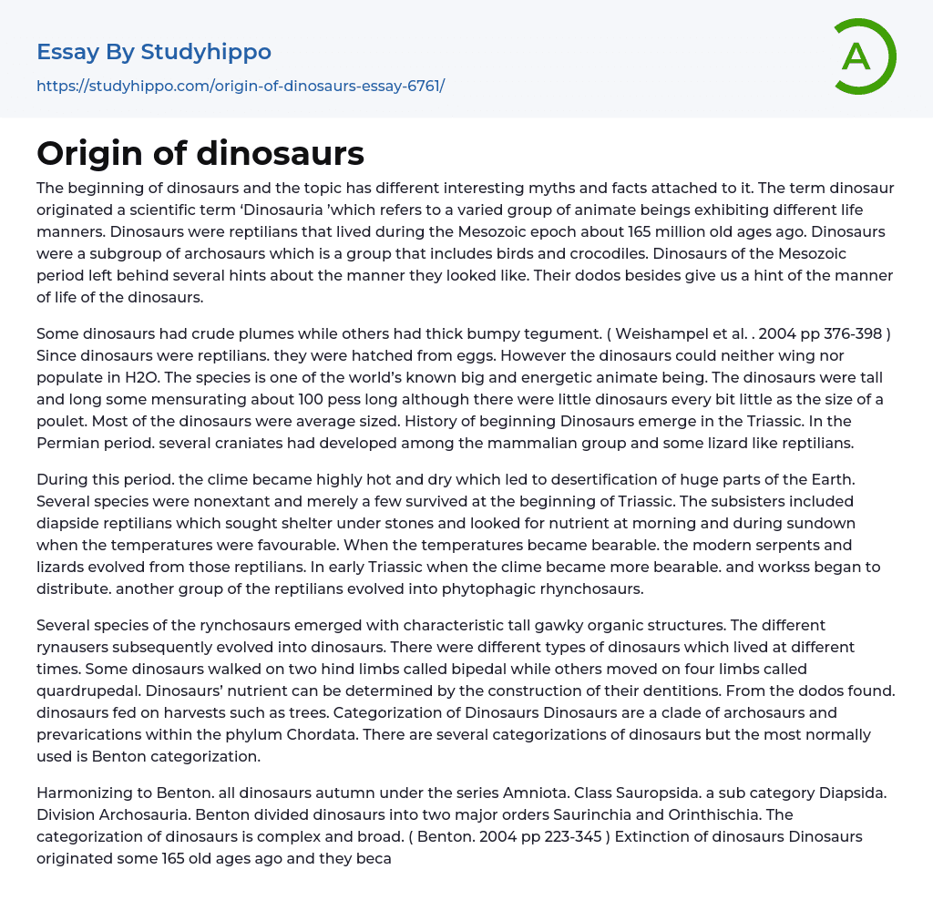Origin of dinosaurs Essay Example