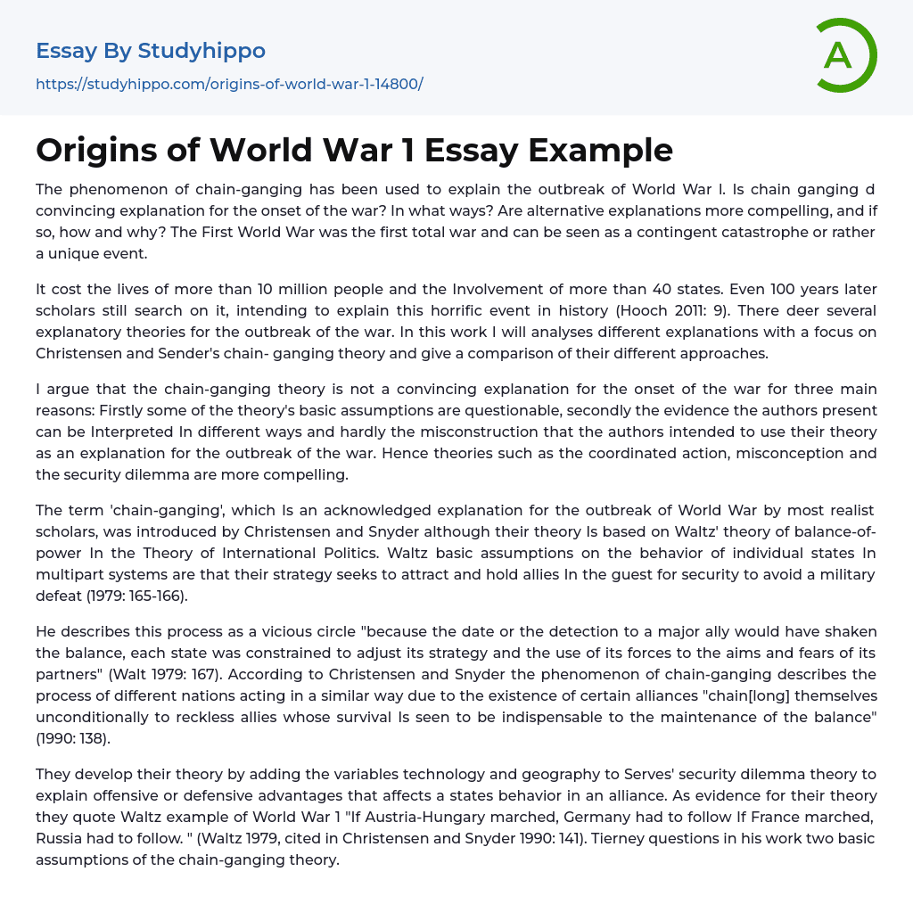 Origins of World War 1 Essay Example