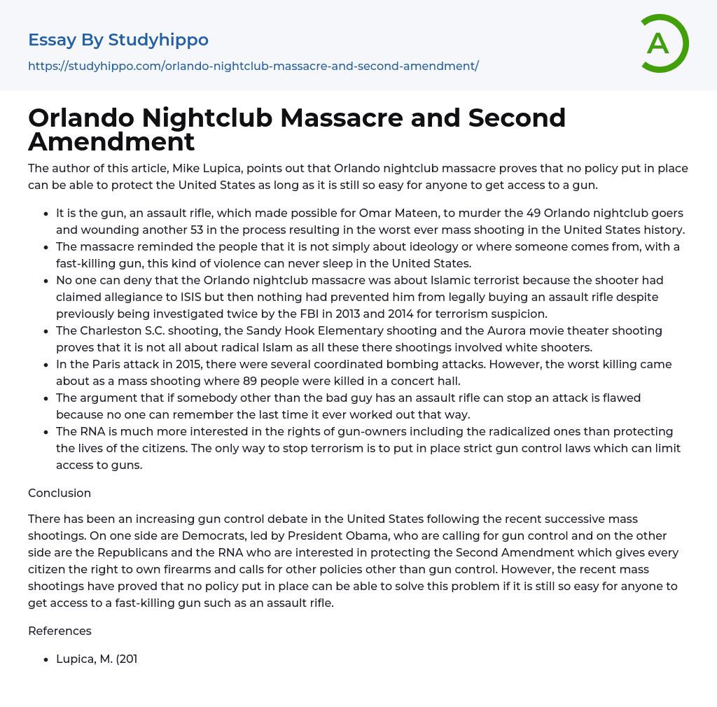 Orlando Nightclub Massacre and Second Amendment Essay Example