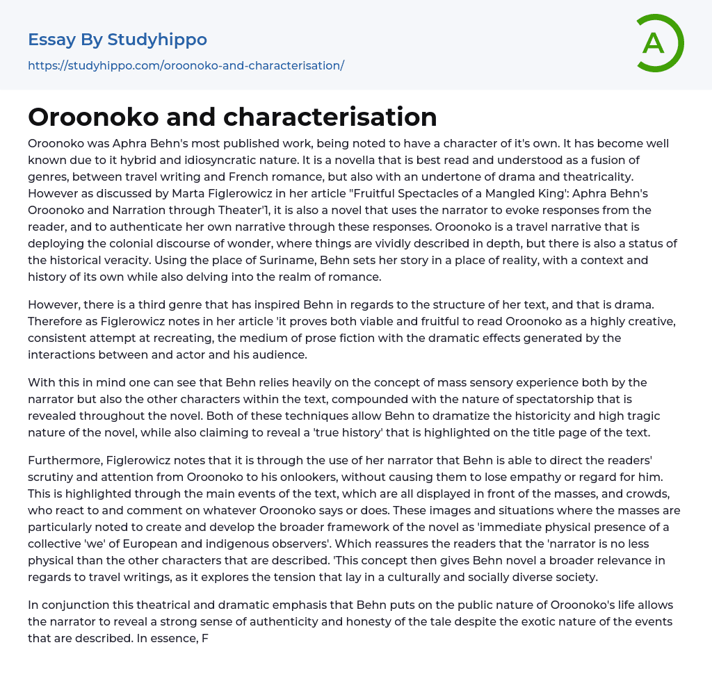 Oroonoko and characterisation Essay Example