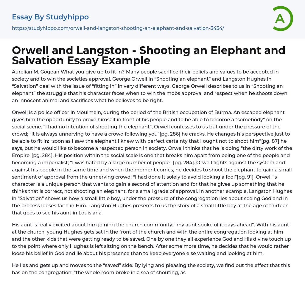 Orwell and Langston – Shooting an Elephant and Salvation Essay Example