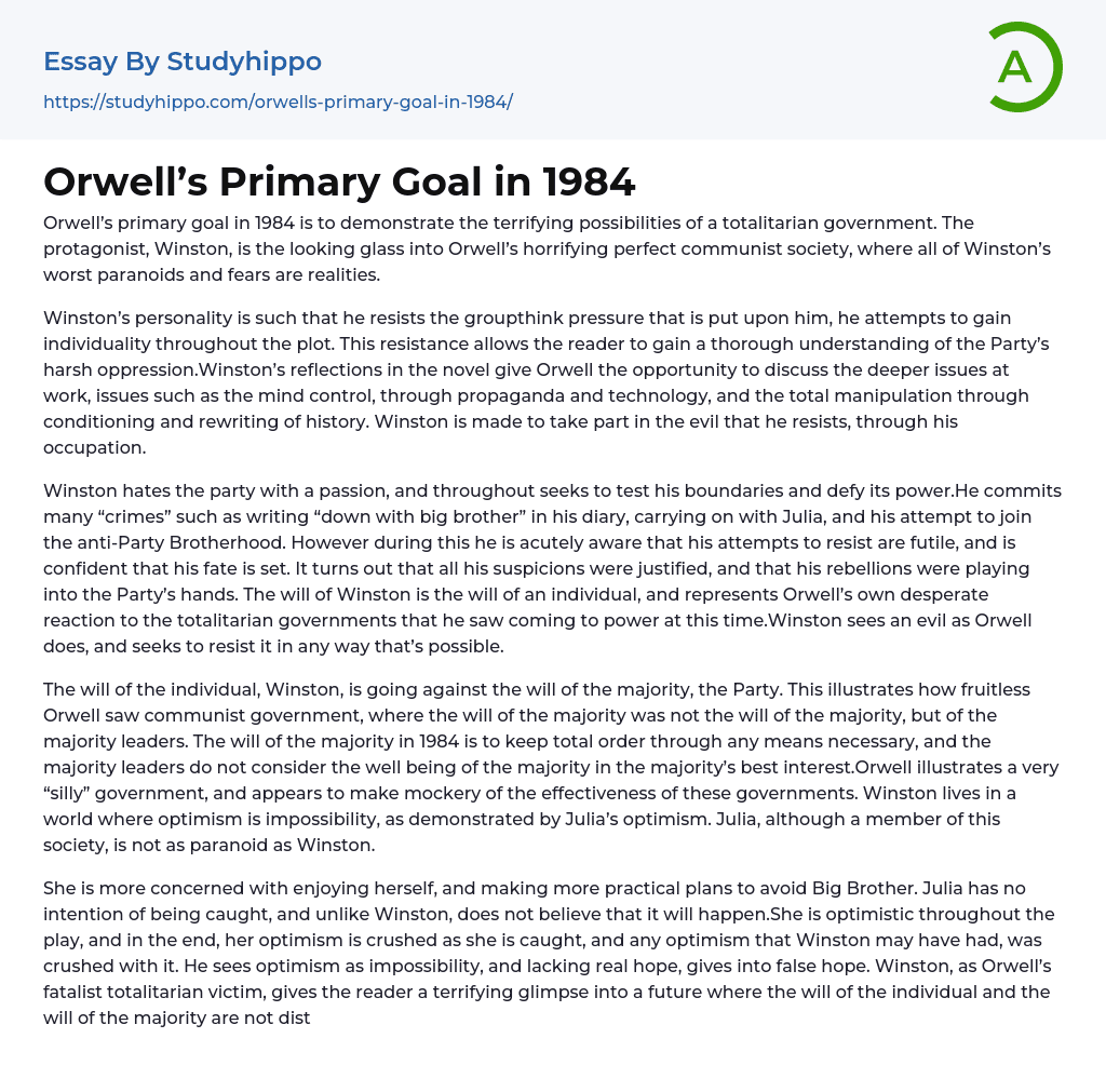 Orwell’s Primary Goal in 1984 Essay Example