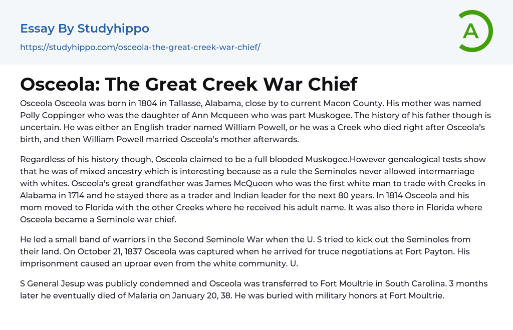 Osceola: The Great Creek War Chief Essay Example
