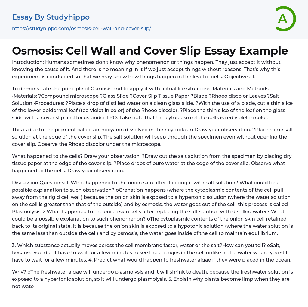 Osmosis: Cell Wall and Cover Slip Essay Example
