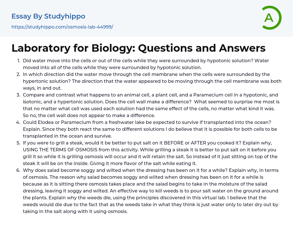 Laboratory for Biology: Questions and Answers Essay Example