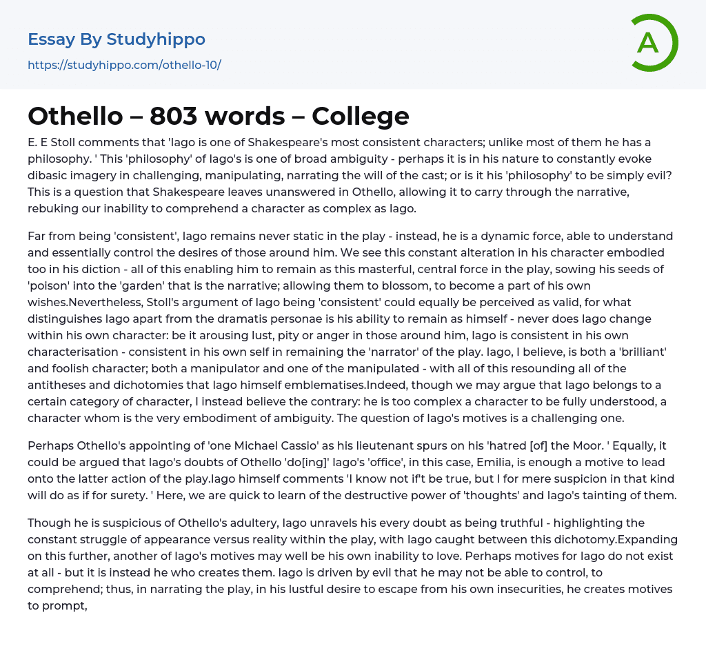 Othello – 803 words – College Essay Example