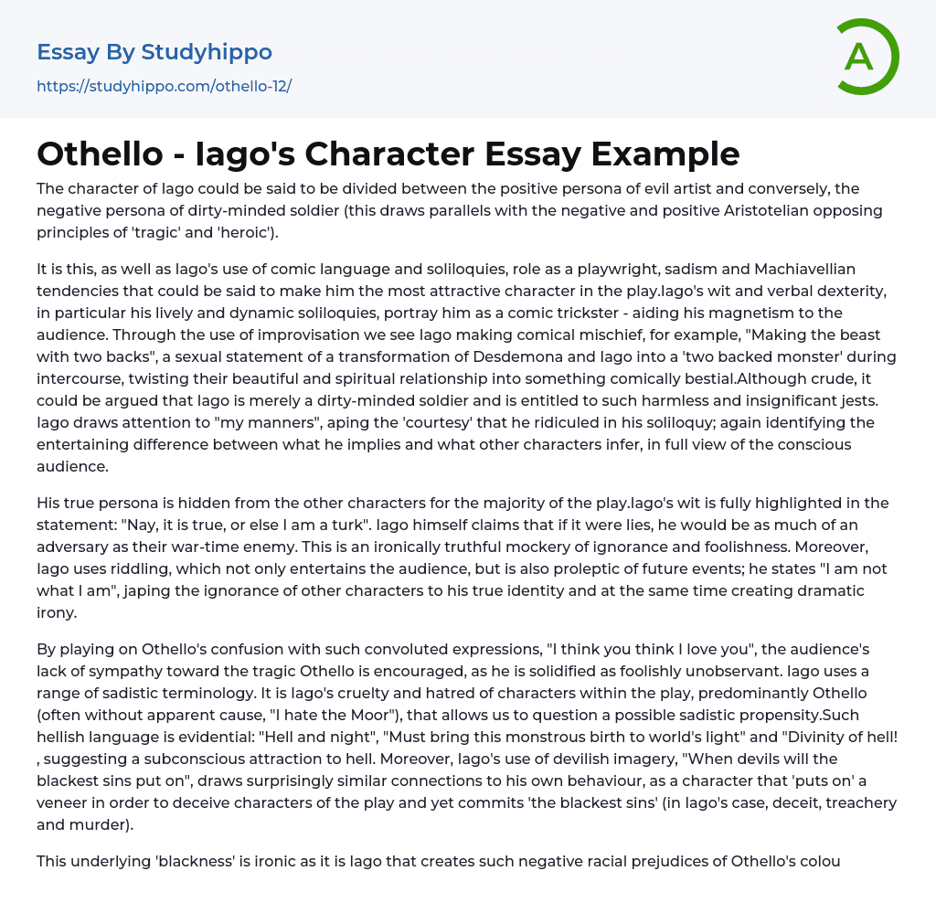 Othello – Iago’s Character Essay Example