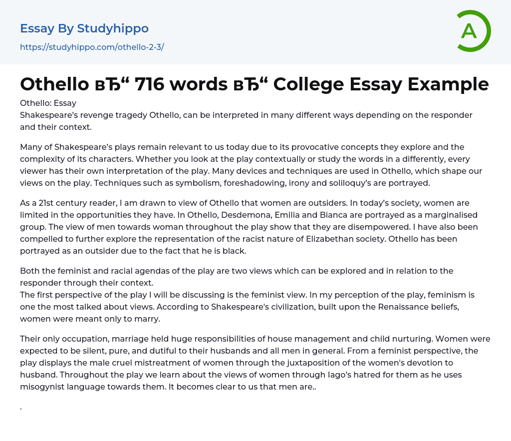 Othello 716 words College Essay Example