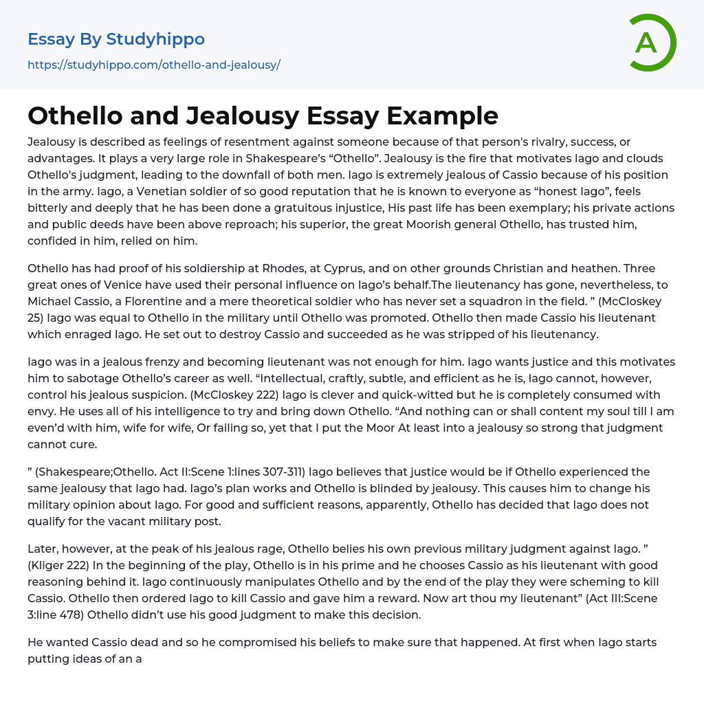 Othello and Jealousy Essay Example