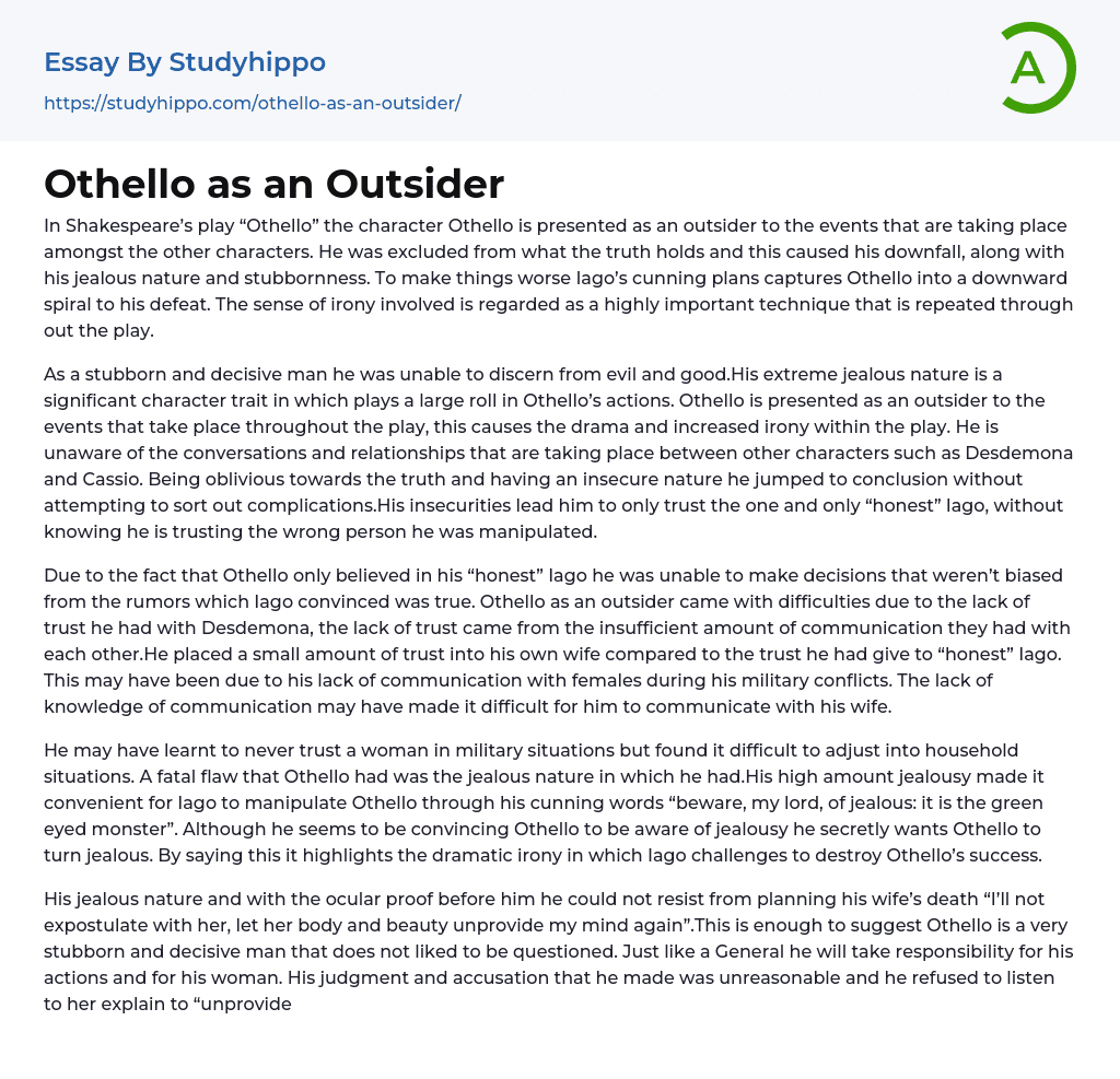 Othello as an Outsider Essay Example