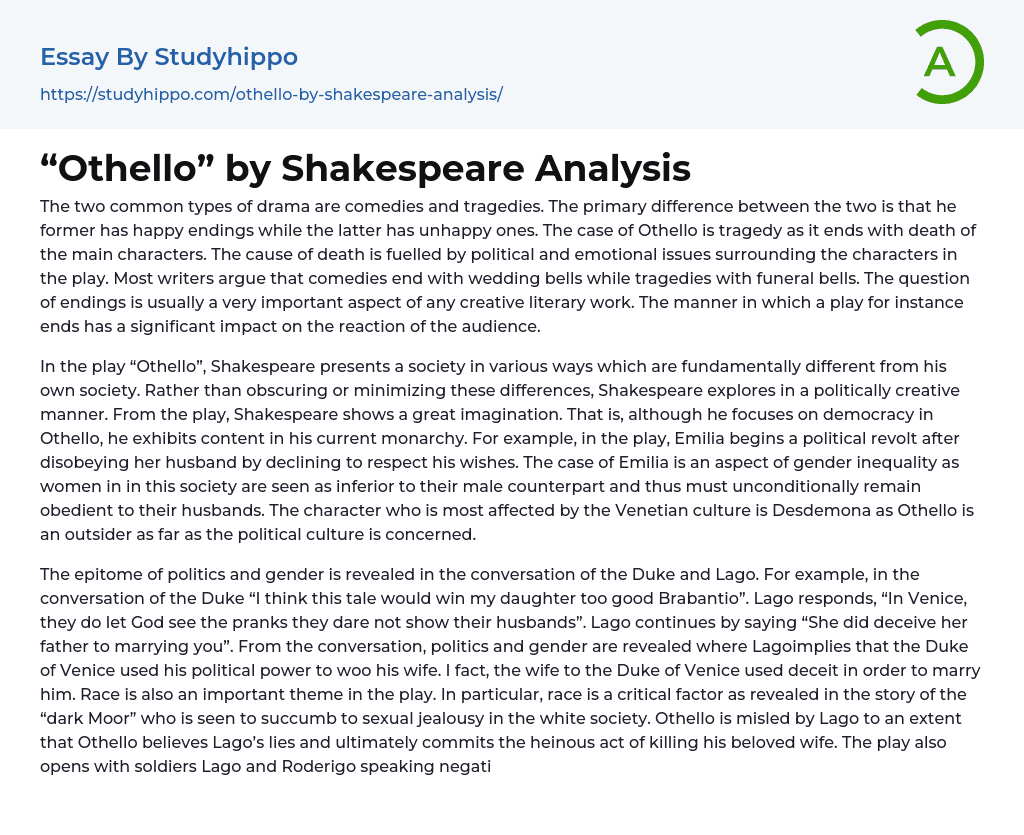 “Othello” by Shakespeare Analysis Essay Example