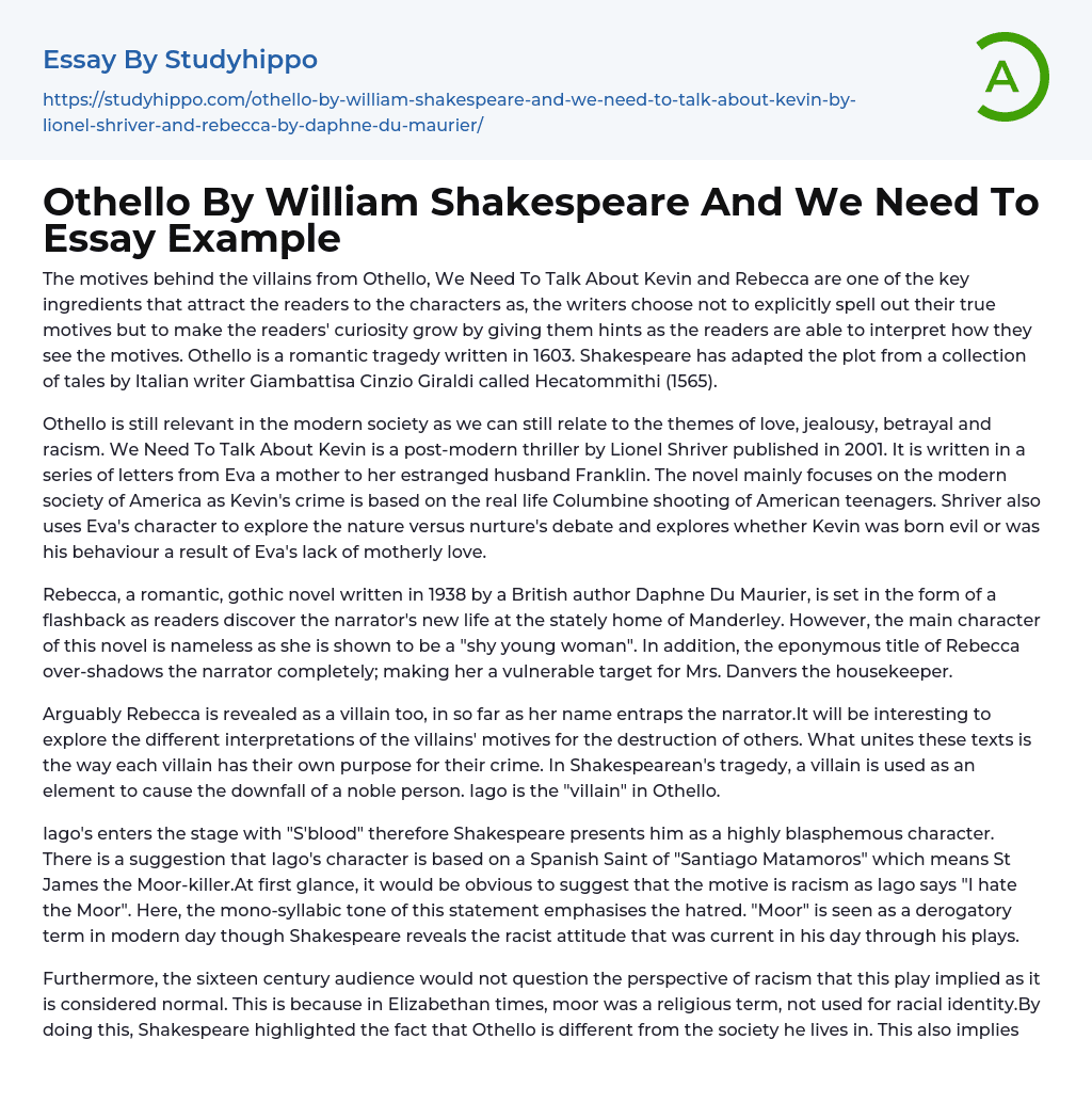 Othello By William Shakespeare And We Need To Essay Example