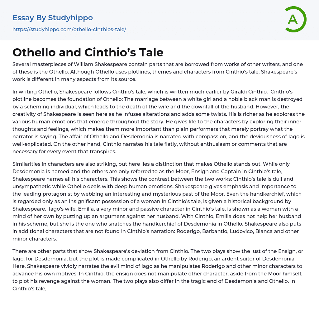 Othello and Cinthio’s Tale Essay Example