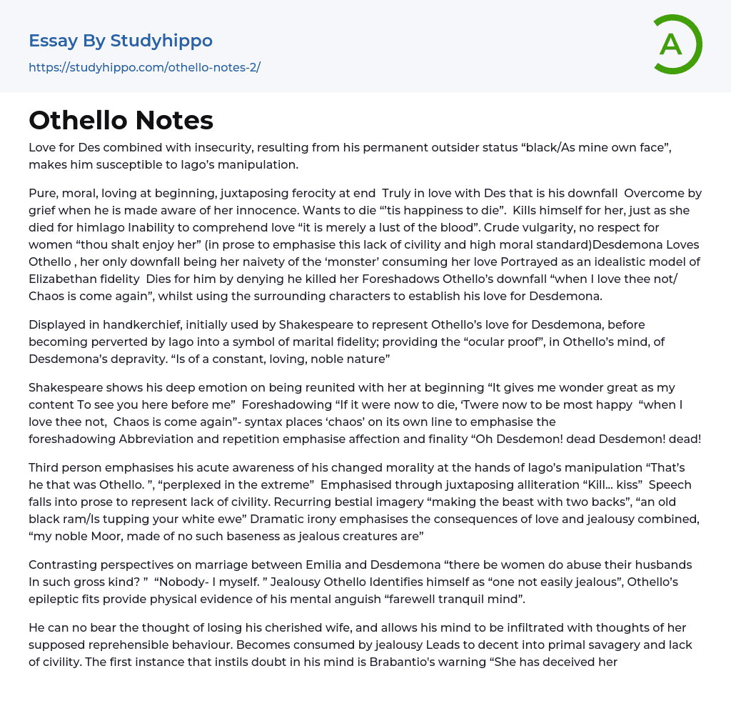 Othello Notes Essay Example