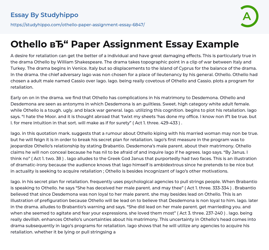 Othello вЂ“ Paper Assignment Essay Example