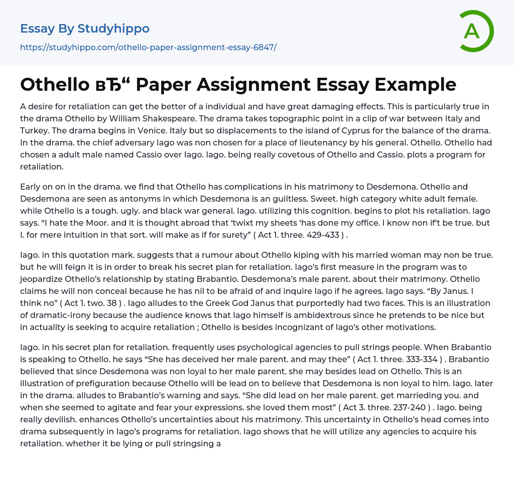 Othello Paper Assignment Essay Example