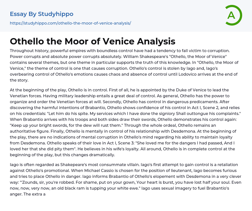 Othello the Moor of Venice Analysis Essay Example