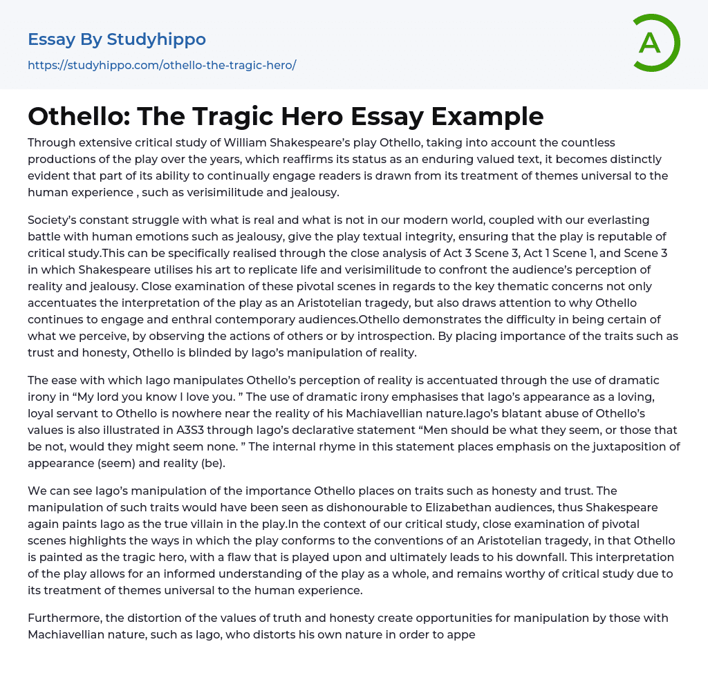 Othello: The Tragic Hero Essay Example