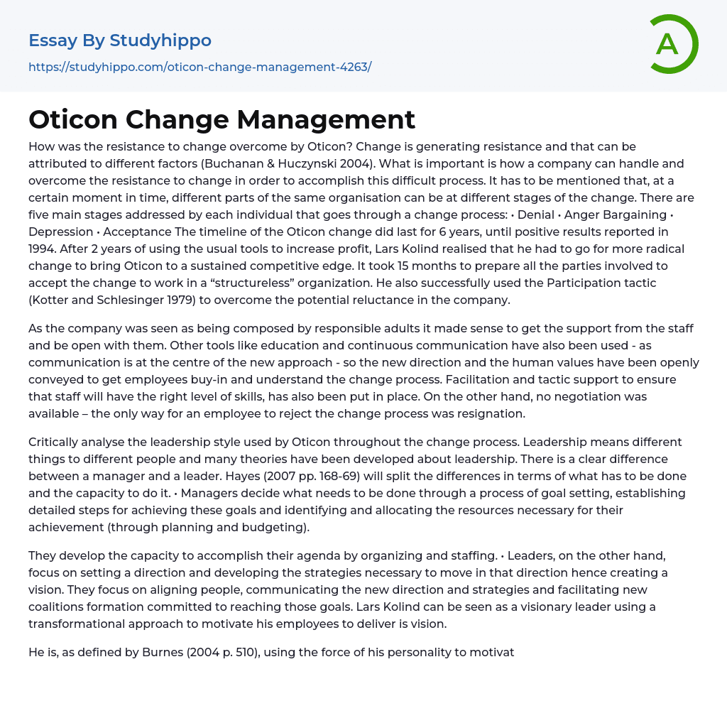 Oticon Change Management Essay Example