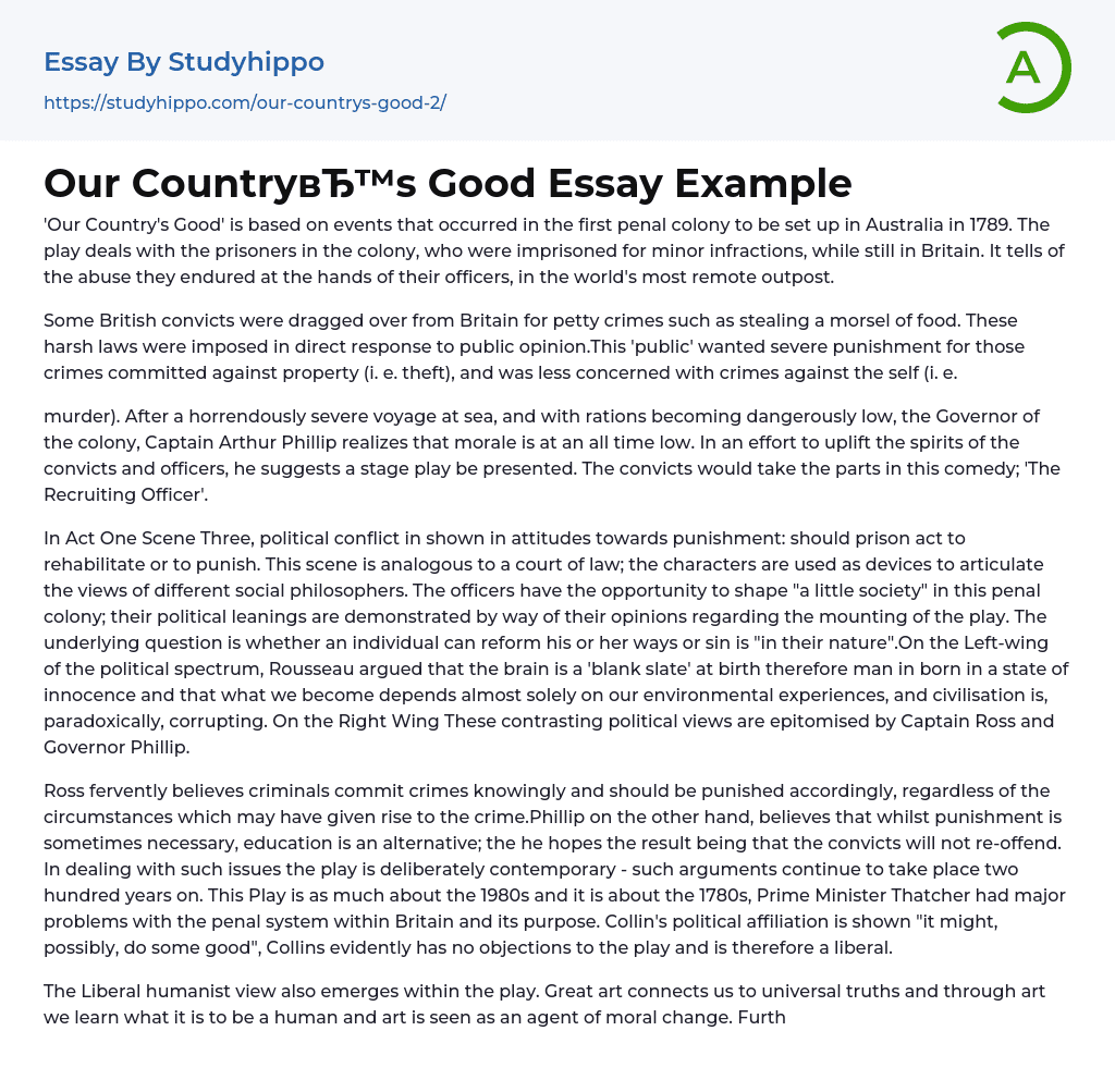 Our Country’s Good Essay Example