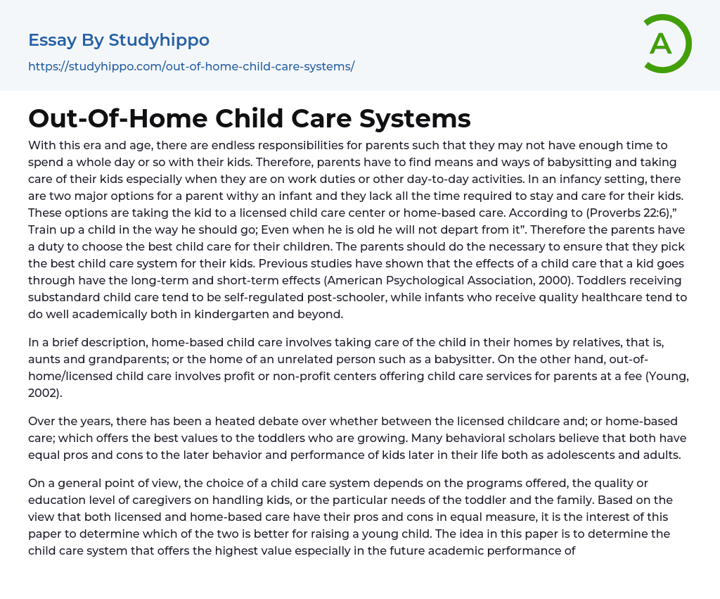 Out-Of-Home Child Care Systems Essay Example