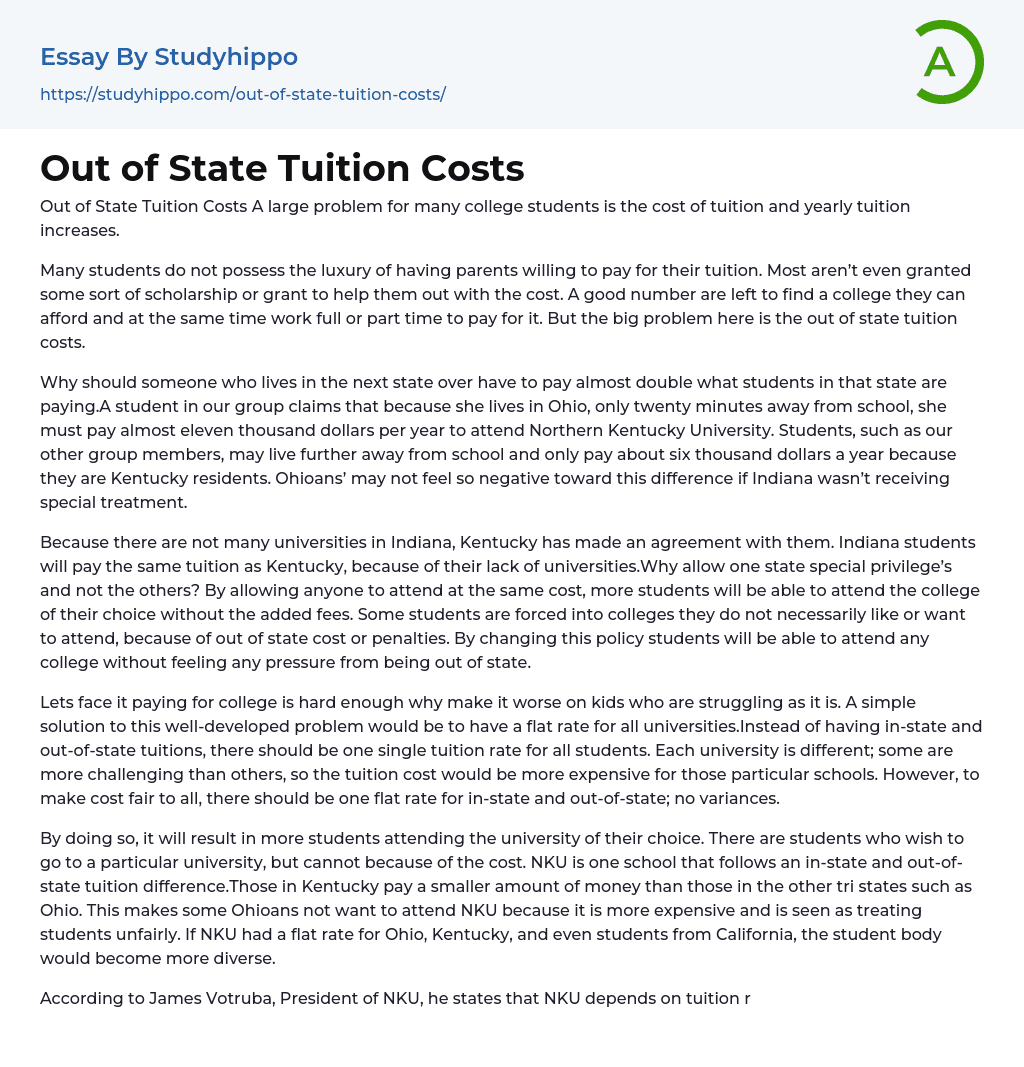 Out of State Tuition Costs Essay Example