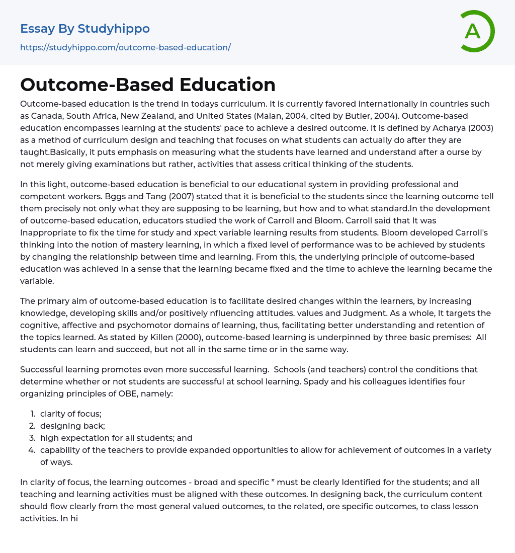 Outcome-Based Education Essay Example