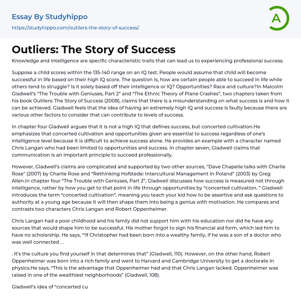 Outliers: The Story of Success Essay Example