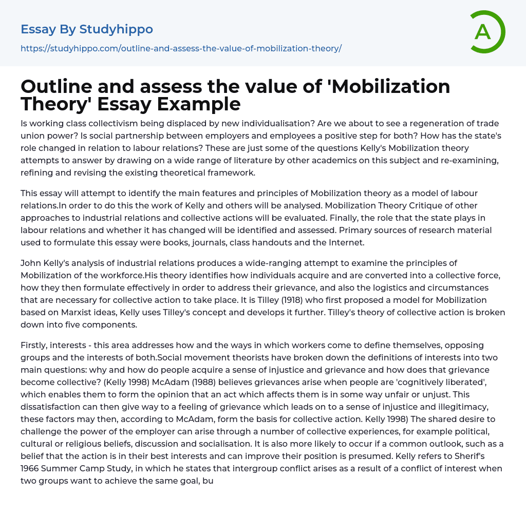 Outline and assess the value of ‘Mobilization Theory’ Essay Example