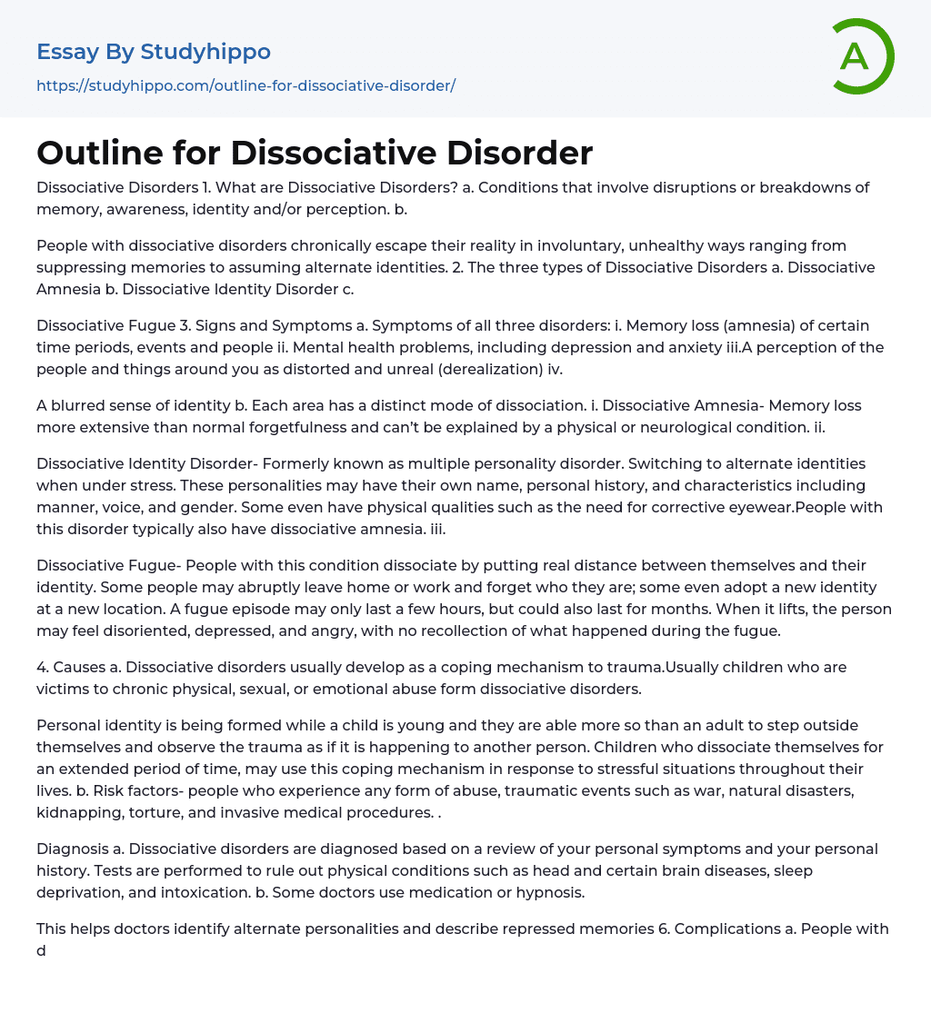Outline for Dissociative Disorder Essay Example