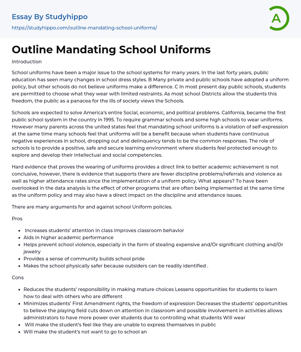 Outline Mandating School Uniforms Essay Example