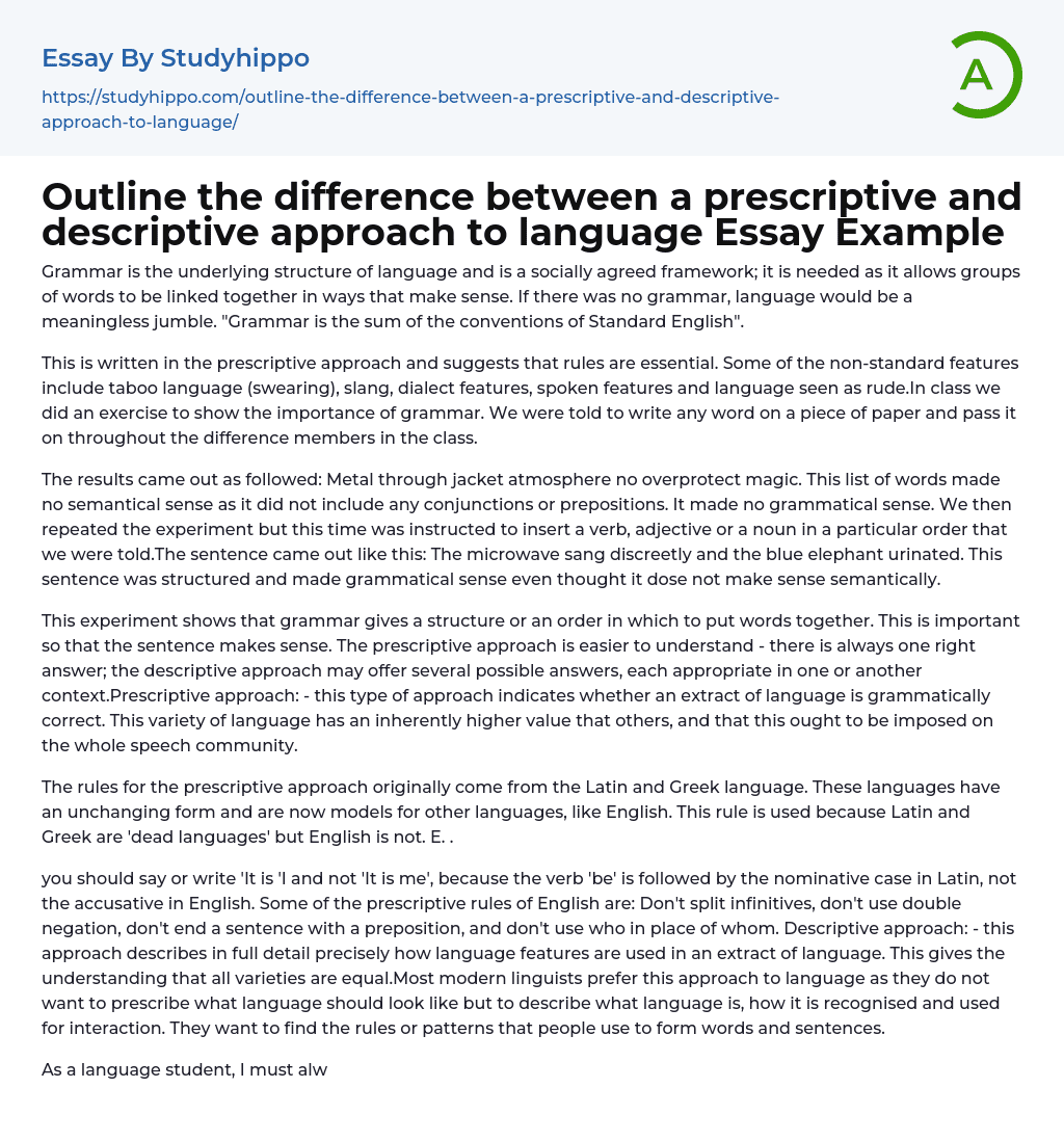 Outline the difference between a prescriptive and descriptive approach to language Essay Example