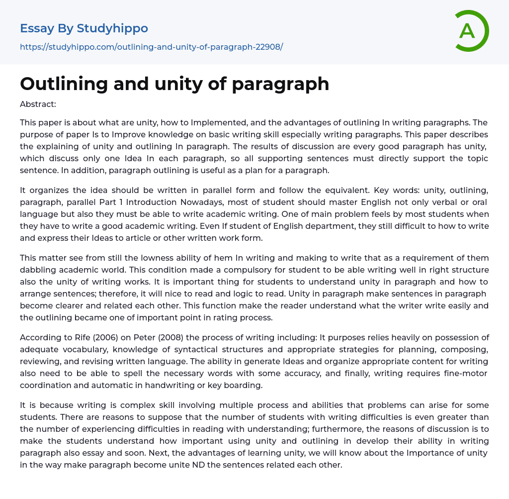 Outlining and unity of paragraph Essay Example