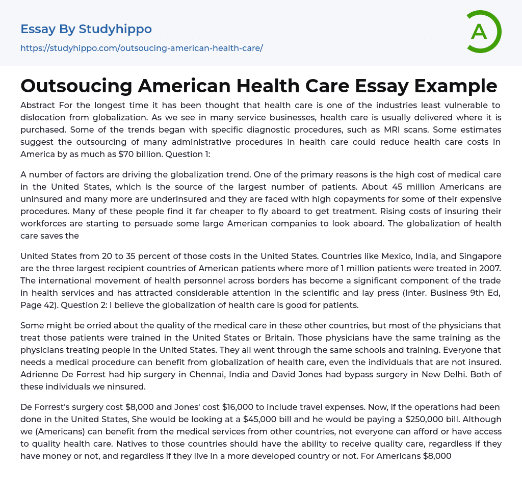 Outsoucing American Health Care Essay Example